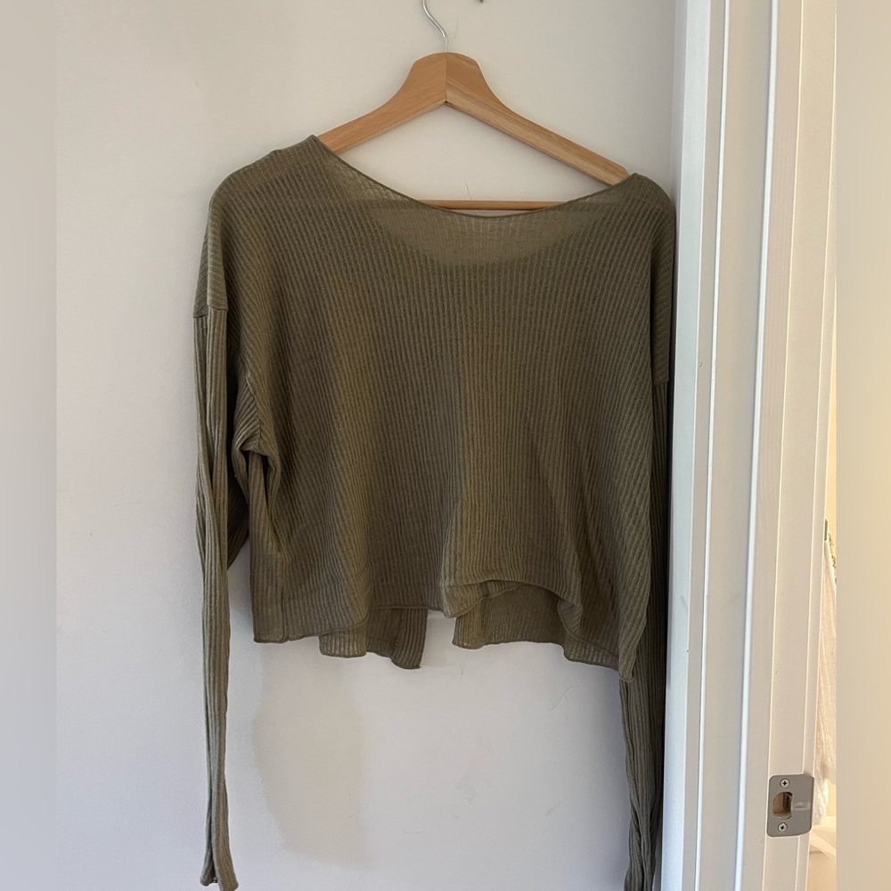Olive Green Ribbed Button-Up Women's Top - Picture 2 of 4